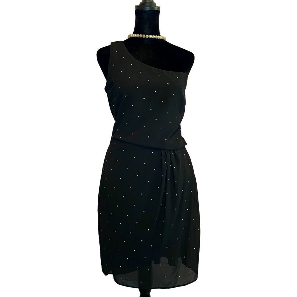 Sequin Hearts black silver studded SZ9 one shoulder cocktail mini dress